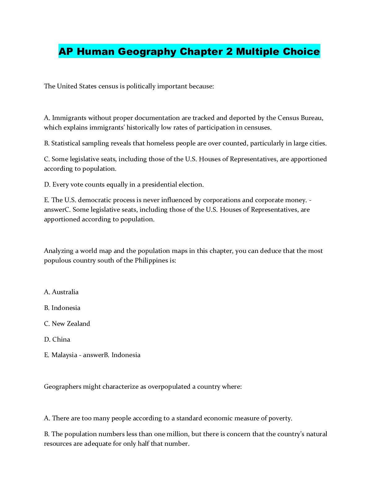 AP Human Geography Chapter 2 Multiple Choice Browsegrades